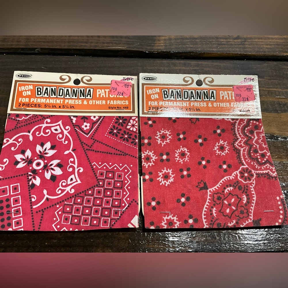 Vintage Lot of 2 Penn Iron On Red White Bandana Patches NOS MCM